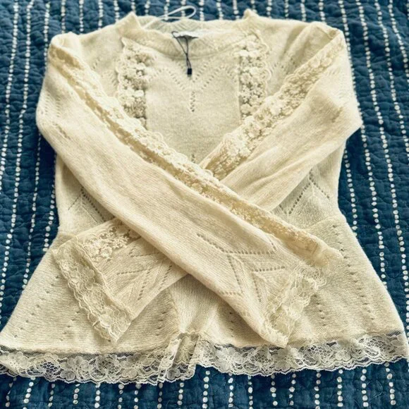 Zara Ivory Lace NWOT Knitted Sweater  Long Sleeve Bohemian Size M - Picture 3 of 9